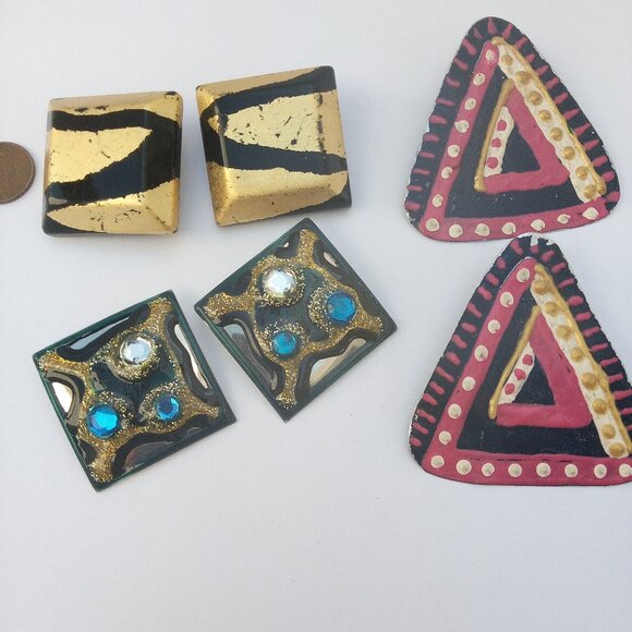 Lot of 3 Pair Vintage Hideous Clip On Earrings - Total 80s Vibe - Picture 1 of 5